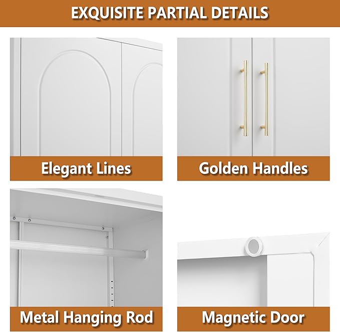 Polup Armoire Wardrobe Closet with Hanging Rod, 86 Inch Tall Metal Wardrobe Cabinet, Metal Armoire with Doors, Large Freestanding Wardrobes for Bedroom, 18"D x 32"W x 86"H, White, Assemble Required