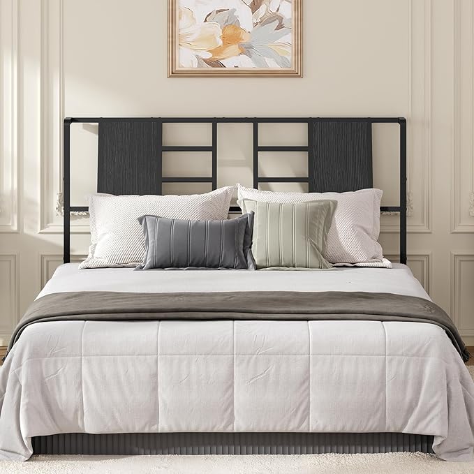 MAHANCRIS Headboard Queen Size Only, Industrial Metal Bed Headboard with Adjustable Feet and Compatible Adapters, Fits Most Bed Frames, Black