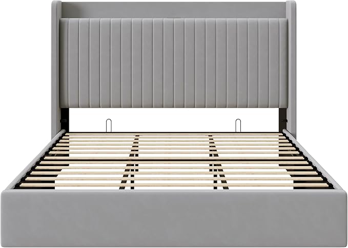 Allewie King Size Lift Up Storage Bed Frame,Storage Shelf Headboard with Charging Station,Type-C and USB Ports,Hydraulic Support,Velvet Upholstered Bed Frame,No Box Spring Needed,Grey