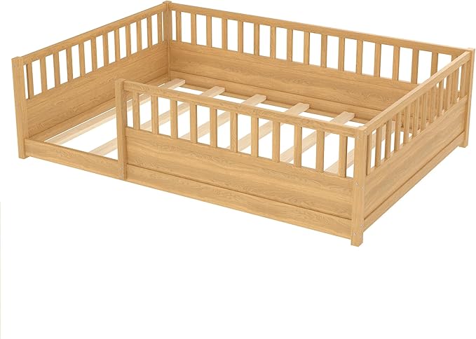 Bellemave Full Size Floor Bed with High Fence, Wood Montessori Bed with Slats and Guardrails, Full Size Montessori Floor Beds Frame for Kids, Girls, Boys, Natural