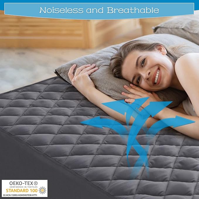 GRT King Size Grey Quilted Fitted Mattress Pad, 100% Waterproof Breathable Mattress Protector, Noiseless Hollow Cotton Mattress Topper, Fitted 8"-26" Deep, Dust Proof