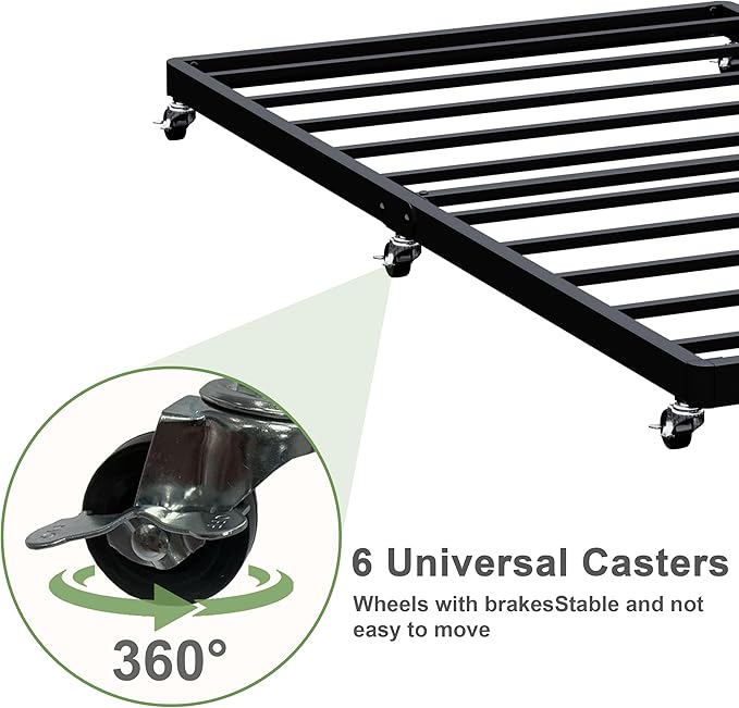 Lutown-Teen Twin Trundle Bed Frame with Metal Slats, Roll-Out Design, Easy Assembly Steel Frame with Lockable Wheels, Noiseless Pull Out Bed for Bedroom, Living Room or Guest Room, Black