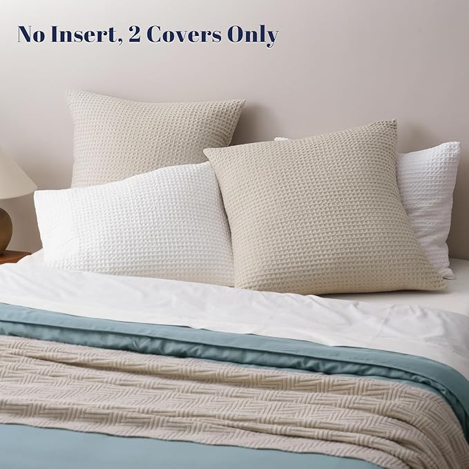 PHF Ultra Soft Waffle Weave Euro Shams Pillow Covers, No Filling, 2 Pack 26" x 26" Bed Cushion Covers, Breathable & Skin-Friendly Bed Pillow Shams for Stylish Home Decor, Light Khaki/Linen