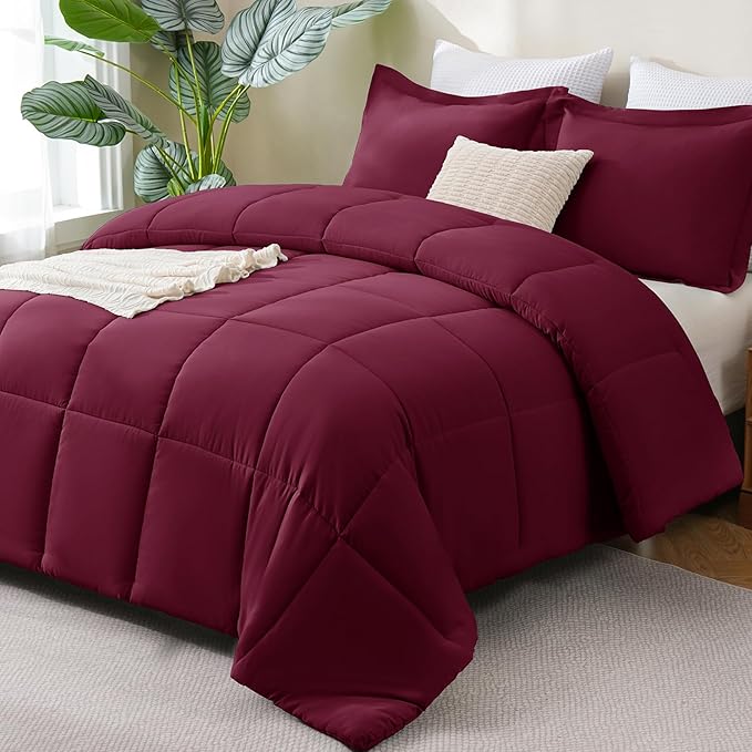 CozyLux Full Size Comforter Sets - 270GSM Burgundy Bedding Sets for All Seasons, 3 Pieces Box Stitched Bed Set with 1 Down Alternative Comforter and 2 Pillow Shams, Soft, Lightweight, Breathable