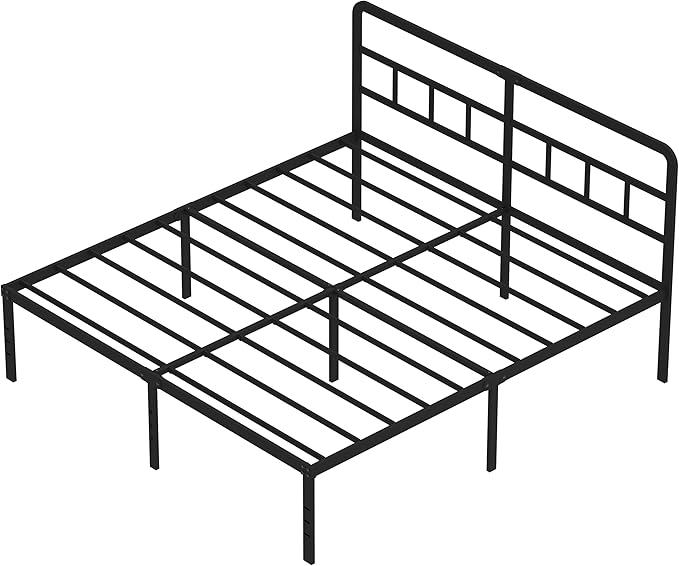 DiaOutro King Size Bed Frame with Headboard, 18 Inch Metal Platform No Box Spring Needed Heavy Duty Steel Slat Mattress Foundation/Easy Assembly/Noise Free/Black