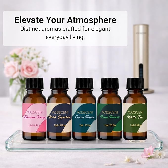 Luxury Hotel Collection Aroma Oils, White Tea Rain Forest Ocean Haven Blossom Breeze Hotel Signature Scents, 5 x 15ml Bottles for Home Office Spa Ambience, Premium Oil Diffuser Set