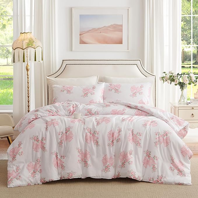 Nayoroom Pink Bow Duvet Cover Queen Size Coquette Pink Floral Duvet Cover 3 Pieces Soft Lightweight Microfiber Girls Cute Aesthetic Dorm Bedding Set