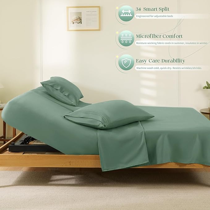 Manyshofu 4 Piece Split Head King Sheets Sets for Adjustable Bed Sheet, Flex Head Split Top King Sheets Sage Green Sheet Set - 1800 Thread Count Bedding Set with 14-16 Inch Deep Pockets