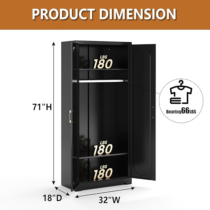 Polup Metal Armoire Wardrobe Closet with Hanging Rod, 71" Tall Wardrobe Cabinet for Clothes, Black Clothing Storage Cabinet with Doors and Shelves, Large Wardrobes for Bedroom, Office, Employee