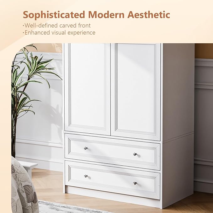 VINGLI Wardrobe Closet with 2 Doors and 2 Drawers, 72" H Wardrobe Cabinet Closet, Freestanding Clothing Storage Cabinet, Wooden White Bedroom Armoire, Combination for Hanging Clothes