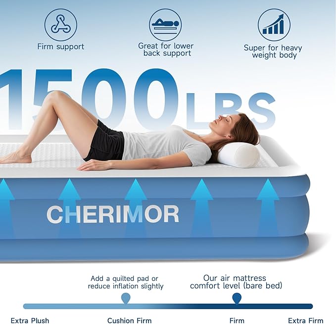 CHERIMOR Queen Air Mattress with Built-in Rechargeable Pump, 16" Upgraded Firmness Blow Up Mattress, Heavy Duty Inflatable Bed Supports 1500 lbs, Portable 3 Mins Inflatable for Home Guests & Camping