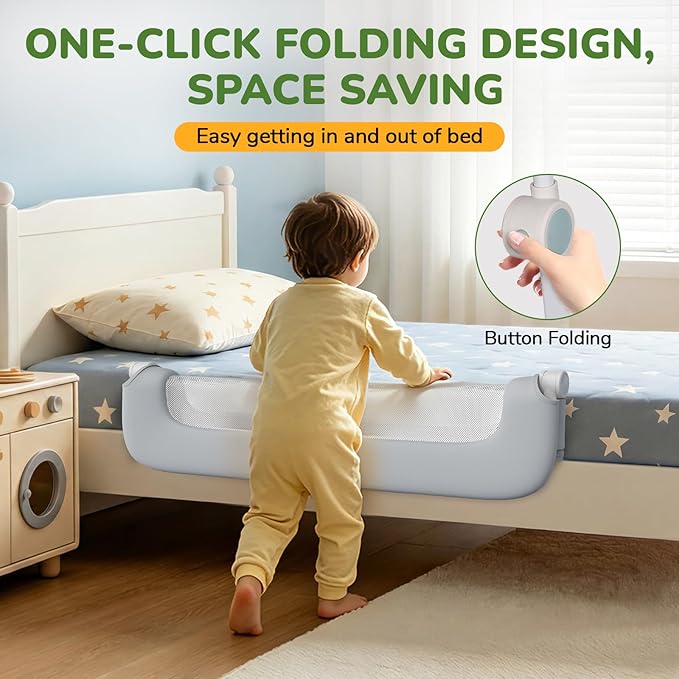 Bed Guard Rail for Toddlers - 32" Adjustable Heights & Folding up Portable Bed Railing for Baby - Toddler Bed Rails Guard for Crib, Twin, Bunk,Full Size, Queen & King Bed(Grey)