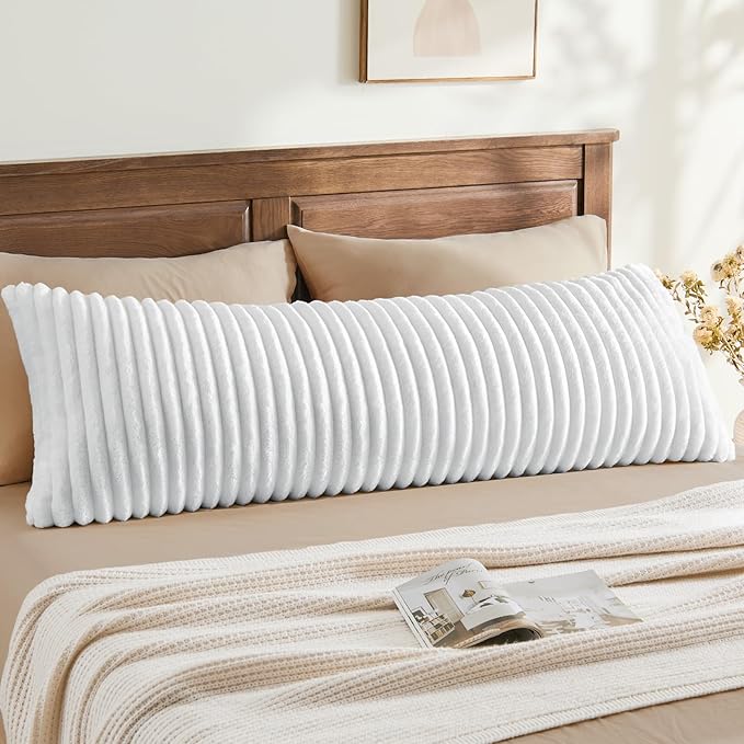BEDELITE Fluffy Faux Fur Body Pillow Cover with Zipper, Luxury Plush 3D Striped Pillow Cover 20x54 Inches, Super Soft and Cozy Long Body Pillow Pillowcase for Bed Sofa Couch Room Decor(Bright White)
