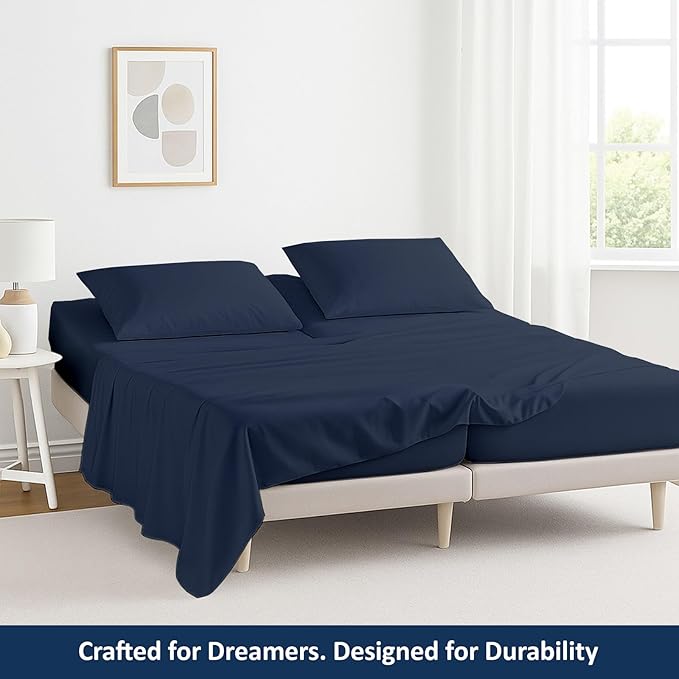 5 Piece Split King Sheet Set, 100% Egyptian Cotton, 16 Inch Deep Pockets, Navy Blue Solid, Soft Cooling Sheets for Adjustable Beds, Sleep Number Beds, Split King Mattress Sheet Set