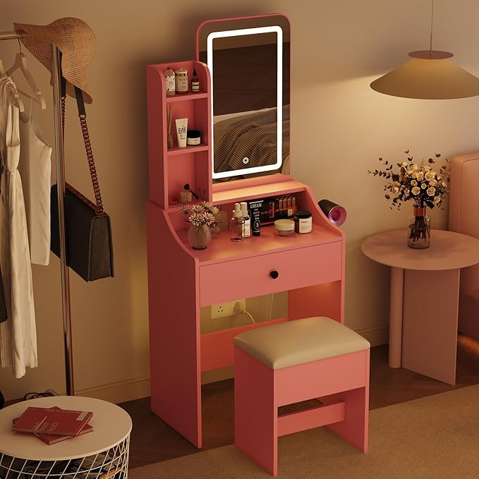 DUMOS Makeup Vanity Desk, Vanity Table Set with Mirror and Lights, Small Vanity with Storage Bench, Charging Station and Hair Dryer Holder, Dressing Table with Drawer and Three Shelves, Pink