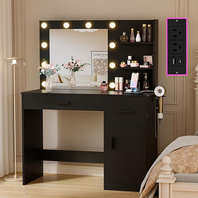 JUMMICO 35.4" Vanity Desk with Mirror and Lights - LED Makeup Vanity Table with Charging Station, 3 Color Adjustable Lights, 3 Drawers & Large Cabinet with Shelves for Bedroom Dressing Room (Black)