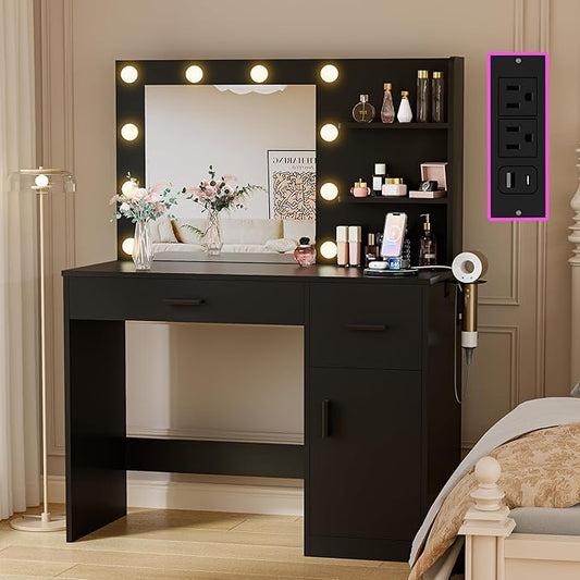 JUMMICO 35.4" Vanity Desk with Mirror and Lights - LED Makeup Vanity Table with Charging Station, 3 Color Adjustable Lights, 3 Drawers & Large Cabinet with Shelves for Bedroom Dressing Room (Black)