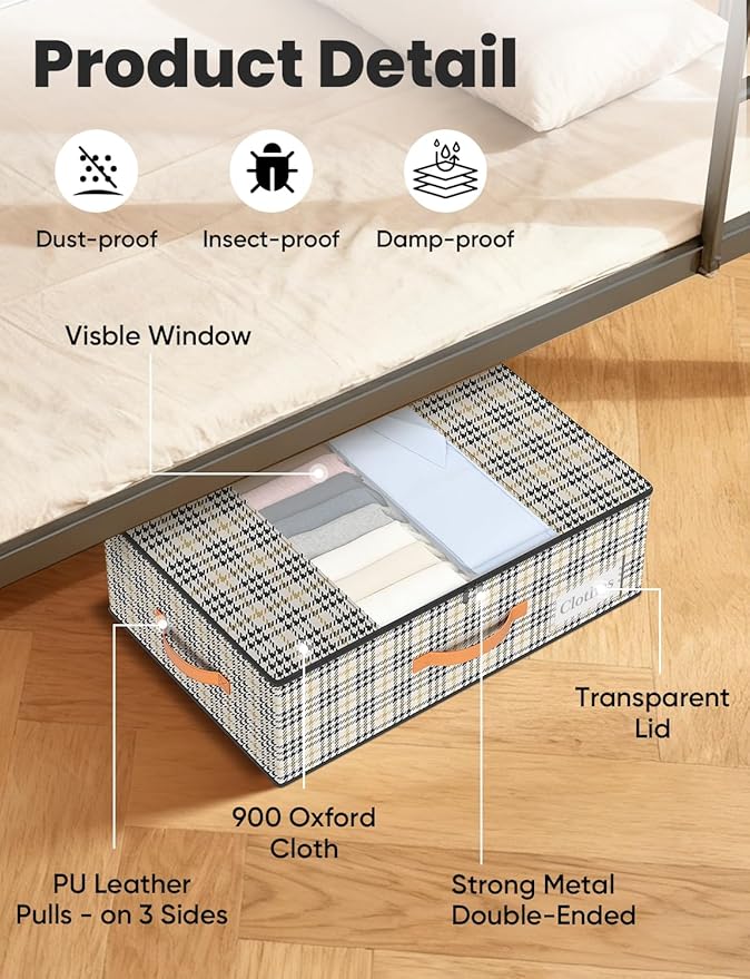 TOSKING 2-Pack Under Bed Storage Bins with Wheels, 4 Vacuum Bags, Heavy Duty 80 lbs, 7.9" Height, 47L Clear Lid Organizer, Space Saver for Dorm Bedroom Clothes Shoes Toys, Quick Assembly, Houndstooth