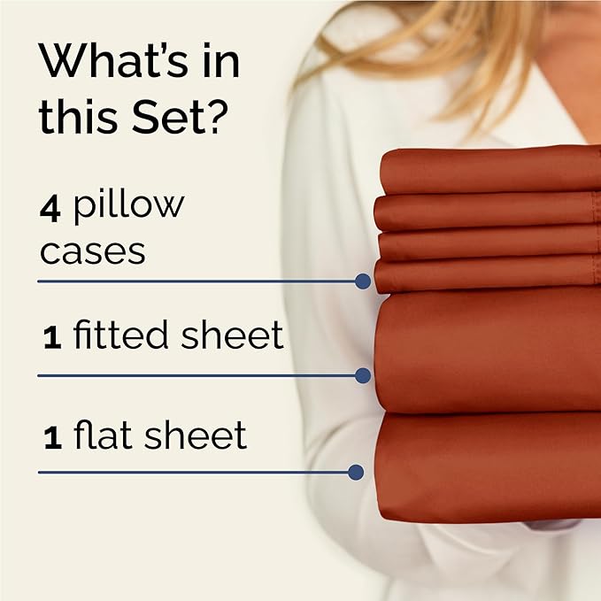 Full 6 Piece Sheet Set - Comfy, Breathable & Cooling - Hotel Luxury Bedding for Women, Men, Kids, Teens & Children - 1 Flat & 1 Fitted Sheet & 4 Pillowcases w/ Deep Pockets - Wrinkle Free - Terracotta