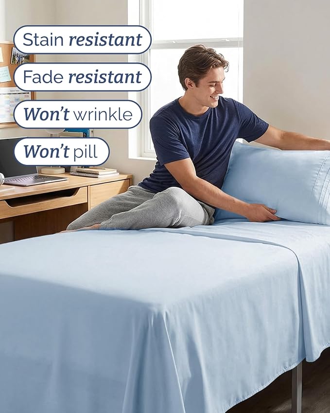 Twin XL 4 Piece Sheet Set - Comfy Breathable & Cooling - Hotel Luxury Bedding for Women, Men, Kids, Teens & Children - 1 Flat & 1 Fitted Sheet & 2 Pillowcases w/ Deep Pockets - Wrinkle Free - Sky Blue
