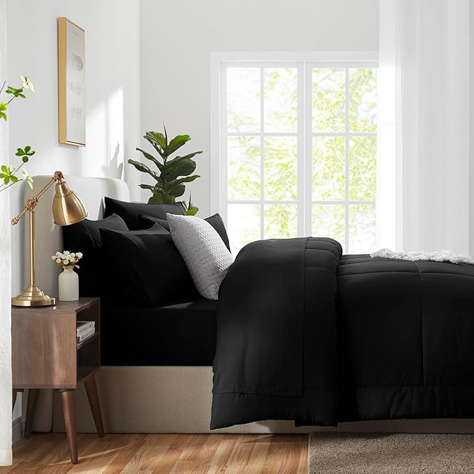 CozyLux Oversized King Comforter Sets Black, 7 Pieces Bed in a Bag, Ultra-Soft All Season Bedding Sets with Stitch Quilted Comforter, Flat Sheet, Fitted Sheet, Pillowcases