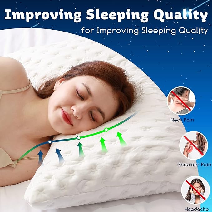 KUCEY Cooling Side Sleeper Pillow for Neck and Shoulder Pain, Luxury Shredded Memory Foam Curved Bed Pillows for Sleeping Set of 2- Adjustable Queen Size- Washable Cover Crescent White