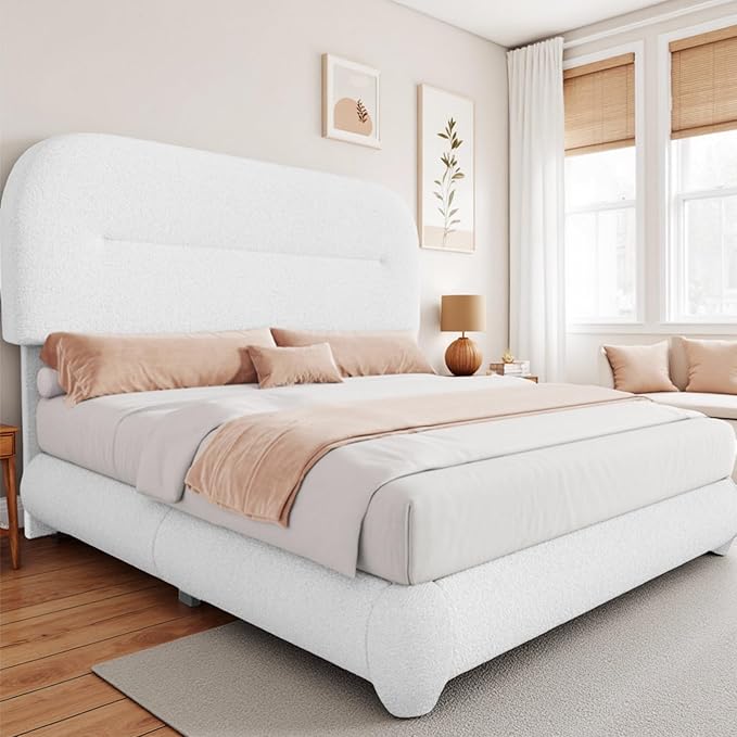 YITAHOME Queen Size Boucle Bed Frame, Upholstered Platform Bed Frame with Headboard, Modern Style, Soft Rounded Corners with Thickened Footboard, No Box Spring Needed, Easy Assembly, White