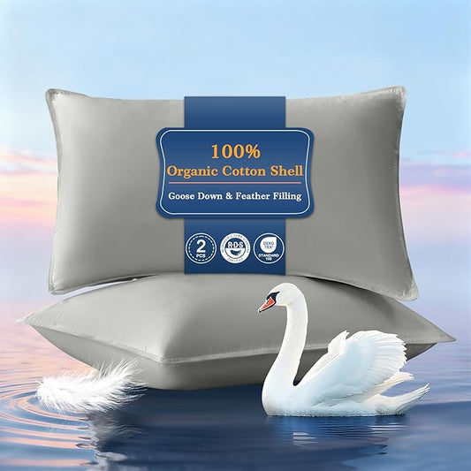Goose Down Pillows King Size Set of 2, Hotel Quality Bed Pillow for Sleeping 2 Pack, 900 Fill Power Natural White Goose Feather Pillows with 700 TC 100% Organic Cotton Shell, 18"x36" Dark Grey