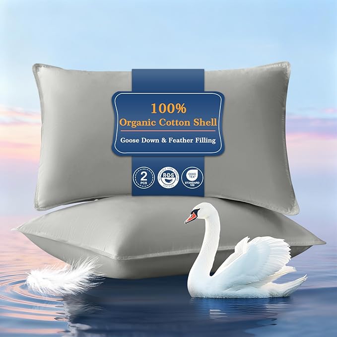 Goose Feather Down Pillows Queen Size Set of 2, Ultra Soft 100% Organic Cotton Fabric 700TC, 900 Fill Power Luxury Hotel Collection Bed Gusseted Pillows 2 Pack for Back, Stomach or Side Sleepers