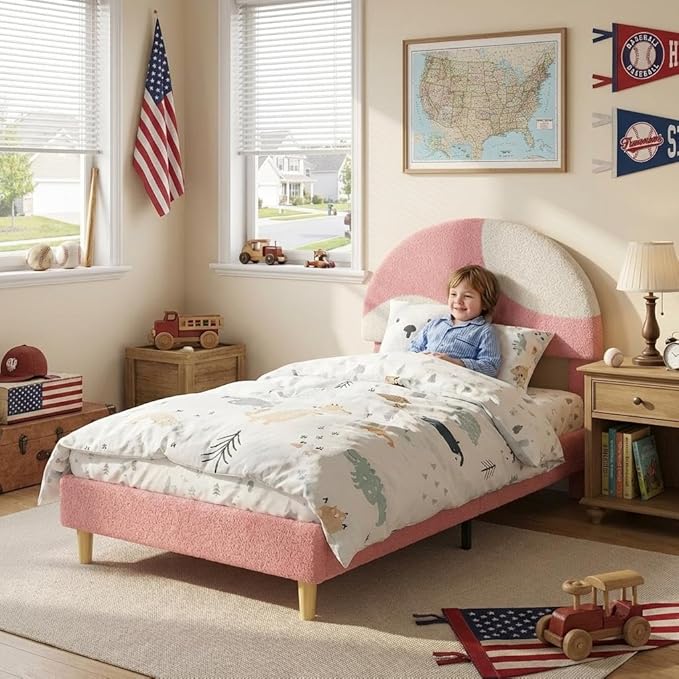 Garvee Twin Bed Frame with Round Boucle Headboard, Upholstered Arch-Shaped Design in Soft Pink & White, Modern Kids Wooden Slats Bed, No Box Spring Required & Easy Assembly