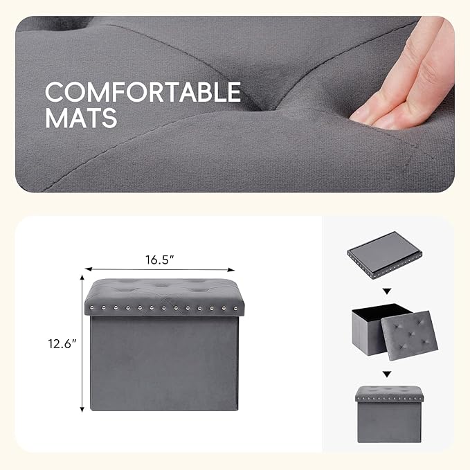 PINPLUS Storage Ottoman with Benches Foot Rest Stool, Folding Velvet Shoes Chest for Bedroom, Living Room, Grey,16.5"x12.6"x12.6"