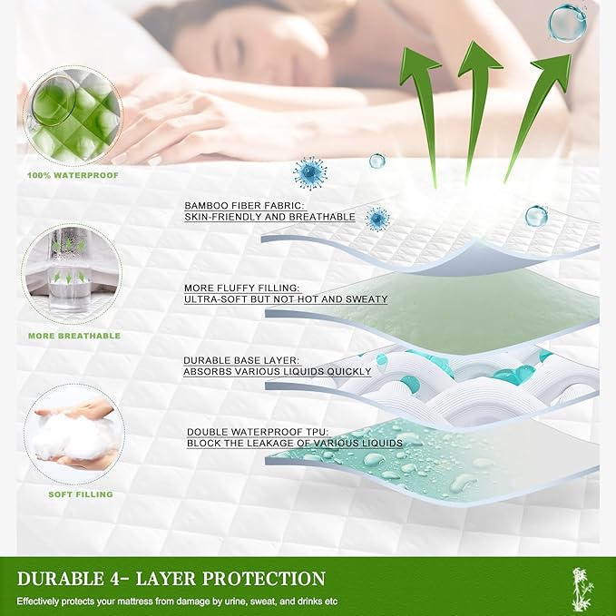 UNILIBRA Twin XL Mattress Pad Waterproof Rayon Made from Bamboo, Fitted Deep Pocket Mattress Cover fits 6''-19'', Breathable Quilted Mattress Protector, White