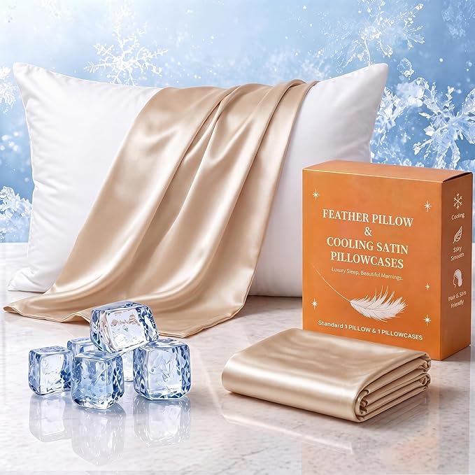 BHZ Beige Satin Goose Down Feather Pillows Standard Size with Pillowcase for Hair and Skin, Cooling Pillow Cases Similar to Silk Pillow Cases, Decorative for Women, Mom Men