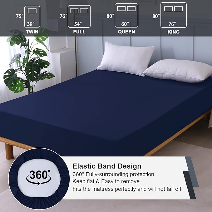 Waterproof Mattress Protector Queen, Fitted Sheet Style Breathable Mattress Cover with Deep Pocket Fits Up to 18'', Noiseless Bed Cover for Kids Adults Pets, Machine Washable (Navyblue, 60'' X 80'')