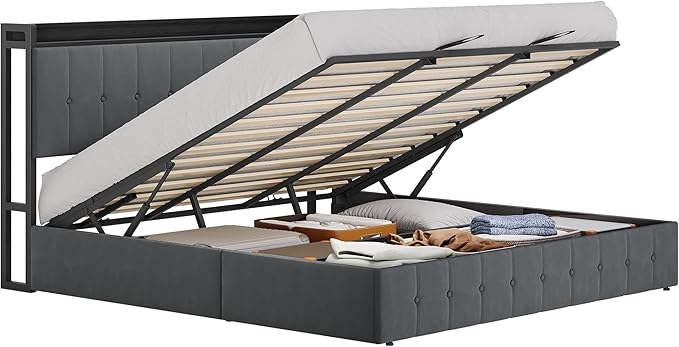 Garvee King Size Lift Up Storage Bed, Upholstered Velvet Bed Frame with Storage Headboard, Metal Platform Bed, No Box Spring Needed, Solid Wooden Slats, Noise Free, Grey