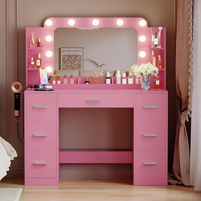 Furmax Vanity Desk with Hollywood Style Mirror with LED Lights, Makeup Table Vanity with 2 AC Outlets and1 USB＆1 Type-C Port, Adjustable Lighting, Modern Ample Storage Drawers Dressing Table (Pink)