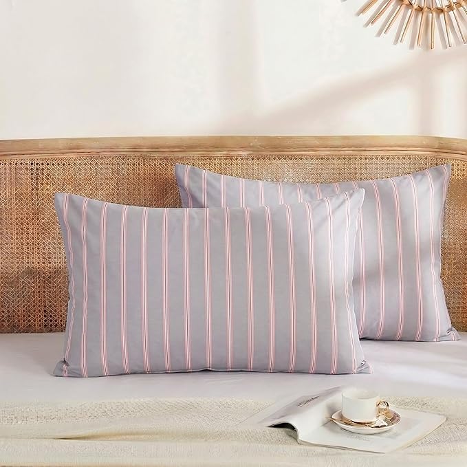 Merryword Standard Size Pillowcases, 100% Cotton Pillow Cases, Gray and Pink Striped Pillowcases, Soft Breathable Wide Stripes Pillow Covers, Set of 2