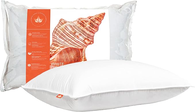 Canadian Down & Feather Co. – 1 Pack Medium 625 Fill Power White Down Sleeping Pillow Queen Size - 500 Thread Count Shell 100% Cotton - Made in Canada