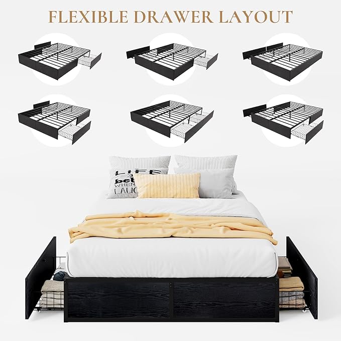 SHA CERLIN Queen Platform Bed Frame with 2 Large Storage Drawers - Heavy Duty Metal & Rustic Wood, Noise-Free, No Box Spring Needed, Black