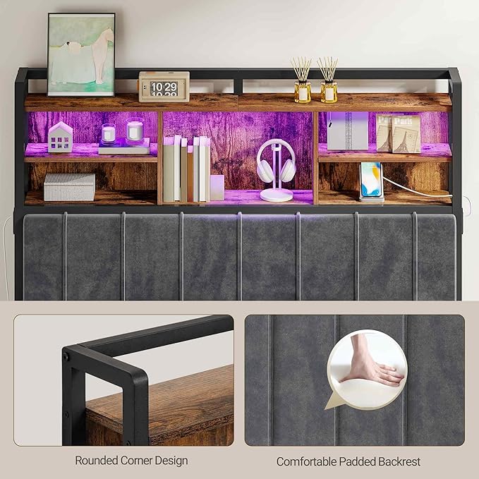 Hzuaneri Headboard with 3-Tier Storage Shelves, Velvet Upholstered Head Board with 2 Outlets, USB Ports & LED Light, Soft Backrest for Full Size Bed, Rustic Brown and Black BH13801B