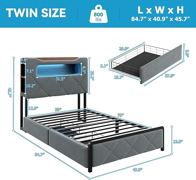 Jocoevol Twin Upholstered LED Bed Frame with 2 Storage Drawers and 2-Tier Storage Bookcase Headboard, Velvet Platform Bed for Kids/Girls/Boys, Heavy Duty Metal Support, No Box Spring Needed, Grey
