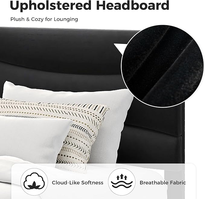 GarveeHome Twin XL Modern Upholstered Bed Frame with Soft Padded Headboard,Sturdy Metal Steel Slat Support, Noise-Free Quiet Design,Easy Assembly,Heavy Duty Stable Bed Frame(Black)
