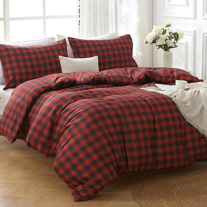 MUXHOMO Duvet Cover Queen Size Floral Duvet Cover Set with Zipper Closure, Red Plaid Bedding Set, 3 Pieces, 1 Duvet Cover 90"x90" with 4 Corner Ties and 2 Pillowcases 20"x30"