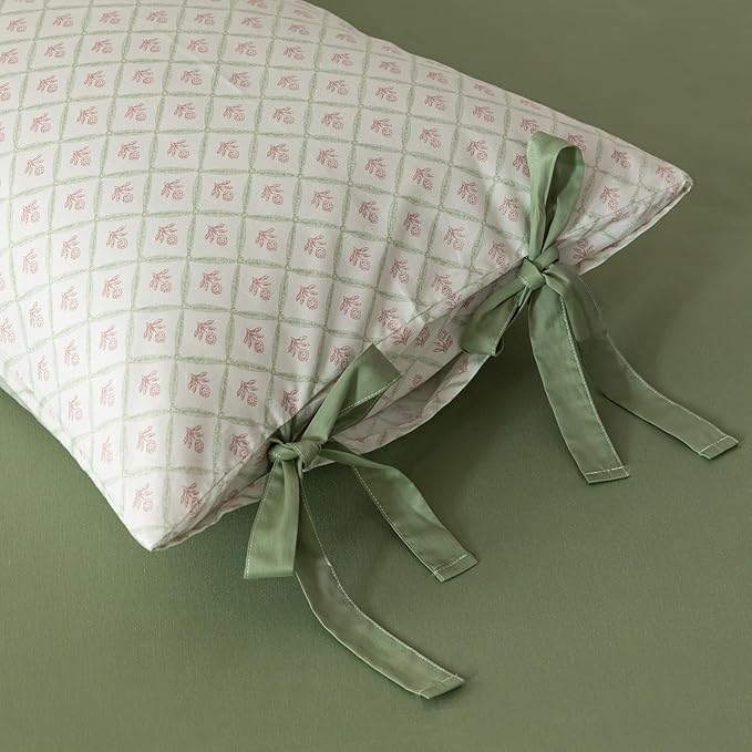 VM VOUGEMARKET Red Flower Duvet Cover Set Queen Green Grid Duvet Cover with 2 Bow Ties Pillowcases 100% Cotton Vintage Country Style Girls Comforter Cover with Zipper Closure