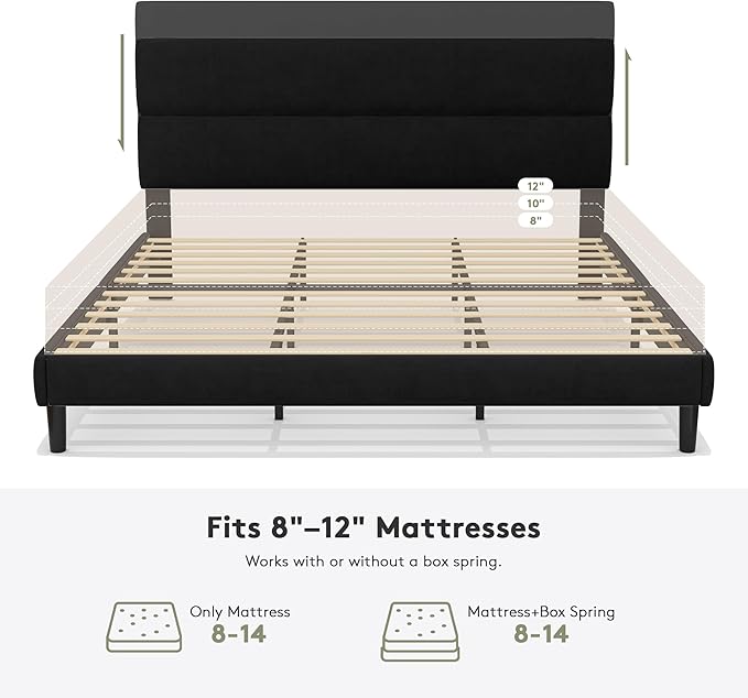 GRUSIGN King Size Platform Bed Frame with Velvet Headboard, Adjustable Height Wooden Slats Support, Upholstered Mattress Foundation, Fits Mattress or Mattress with Box Spring, Easy Assembly, Black