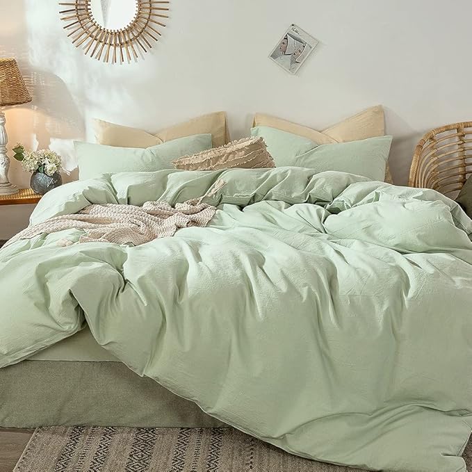MooMee Bedding Duvet Cover Set 100% Washed Cotton Linen Like Textured Breathable Durable Soft Comfy (Heathered Seaglass Green, King 104"x90")