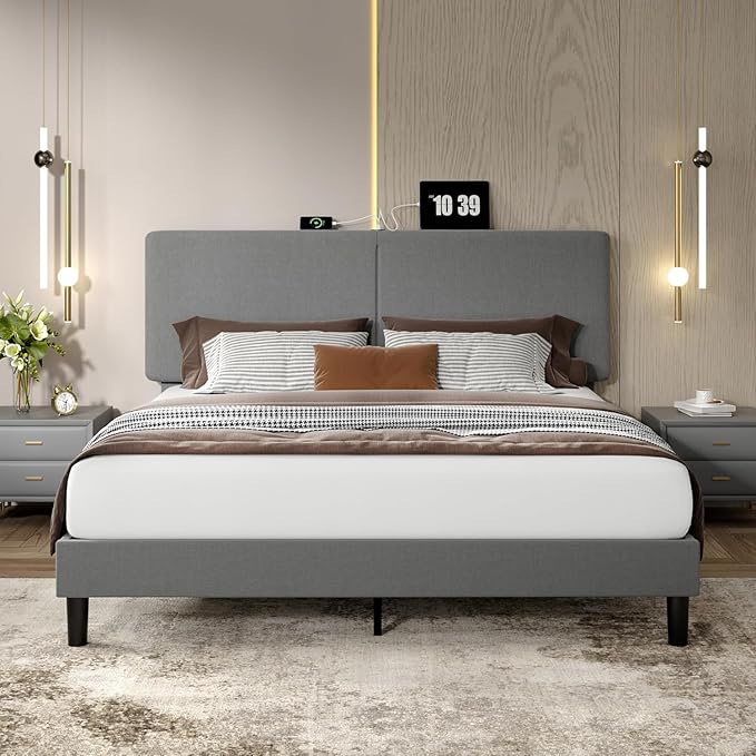 VECELO Queen Bed Frame Upholstered with Charging Station, Height-Adjustable Headboard, Wooden Slat Support, No Box Spring Needed, Easy Assembly, Dark Grey
