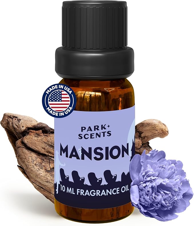 Park Scents Mansion Fragrance Oil – Theme Park Scented Essential Oils for Diffusers with Peony, Violet, Plum, Leather, Aged Wood, Amber, Musk, Vanilla – Made in USA, Home Aromatherapy Gifts (10ml)