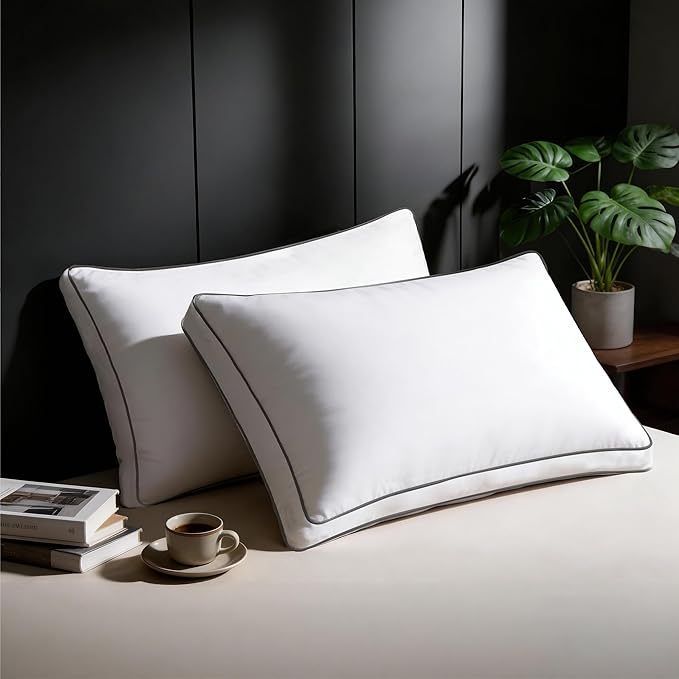 Ubauba Goose Feather Down Fiber Pillows Queen Size Set of 2, Supportive Gusseted Luxury Hotel Pillow, Comfortable Bed Pillow for Sleeping, Cloud-Soft Pillow for Side, Back & Stomach Sleepers, 20x30 in