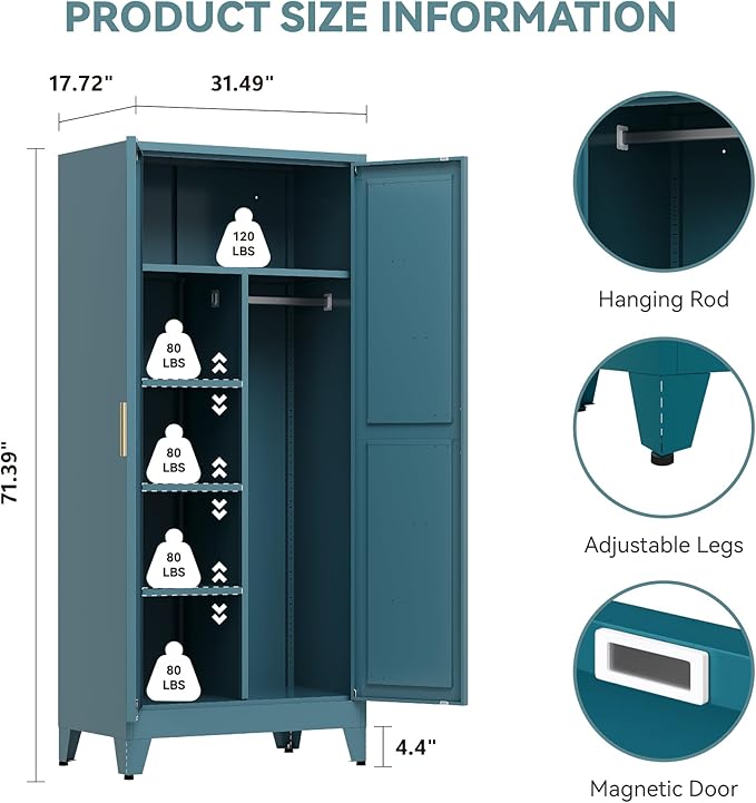 Baborokic 71" Armoire Wardrobe Closet with Hanging Rod,Metal Wardrobe Cabinet with Adjustable Shelves and Doors,Farmhouse Office Cabinets for Bedroom,Office,Laundry,Employee(Blue)
